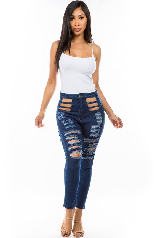 Moto Distressed Cutout Jeans